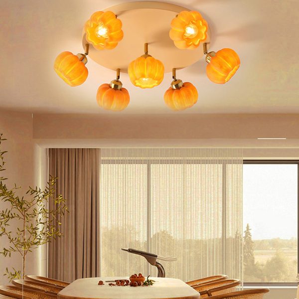 Traditional French Resin Pumpkin Shade Solid Wood 3/5/6/7-Light Semi-Flush Mount Ceiling Light For Living Room - Image 15