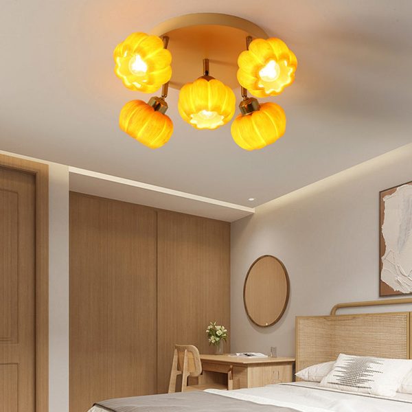 Traditional French Resin Pumpkin Shade Solid Wood 3/5/6/7-Light Semi-Flush Mount Ceiling Light For Living Room - Image 14