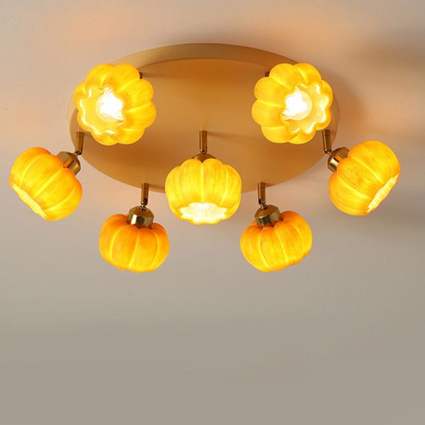 Traditional French Resin Pumpkin Shade Solid Wood 3/5/6/7-Light Semi-Flush Mount Ceiling Light For Living Room - Image 17
