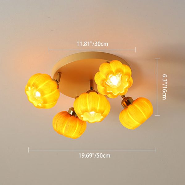 Traditional French Resin Pumpkin Shade Solid Wood 3/5/6/7-Light Semi-Flush Mount Ceiling Light For Living Room - Image 5