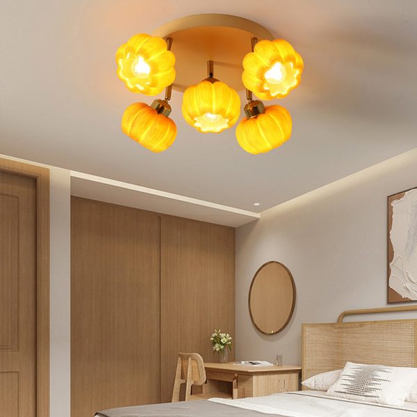 Traditional French Resin Pumpkin Shade Solid Wood 3/5/6/7-Light Semi-Flush Mount Ceiling Light For Living Room - Image 2
