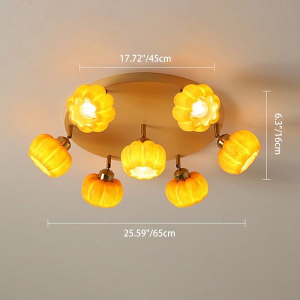 Traditional French Resin Pumpkin Shade Solid Wood 3/5/6/7-Light Semi-Flush Mount Ceiling Light For Living Room - Image 7
