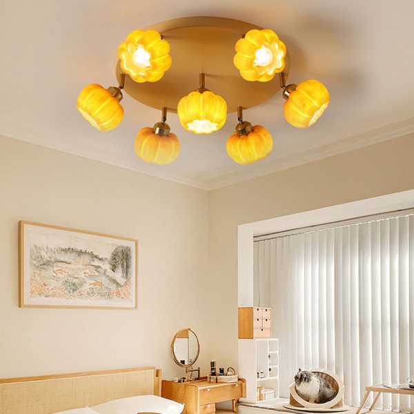 Traditional French Resin Pumpkin Shade Solid Wood 3/5/6/7-Light Semi-Flush Mount Ceiling Light For Living Room - Image 12