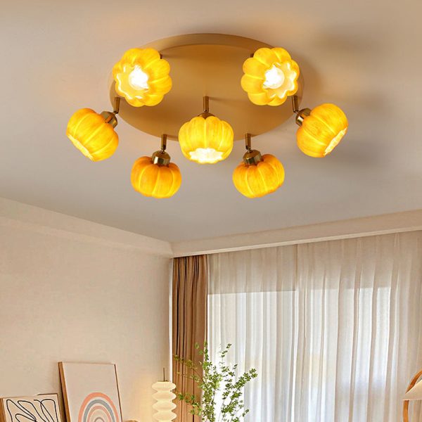 Traditional French Resin Pumpkin Shade Solid Wood 3/5/6/7-Light Semi-Flush Mount Ceiling Light For Living Room - Image 13