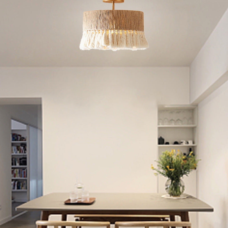 BS-Lighting-LM00325-3.jpg Contemporary Boho Tassel Cylinder Round Hemp Rope Cotton Embryo Yarn 1- Light Semi-Flush Mount Ceiling Light For Bedroom - Image 1