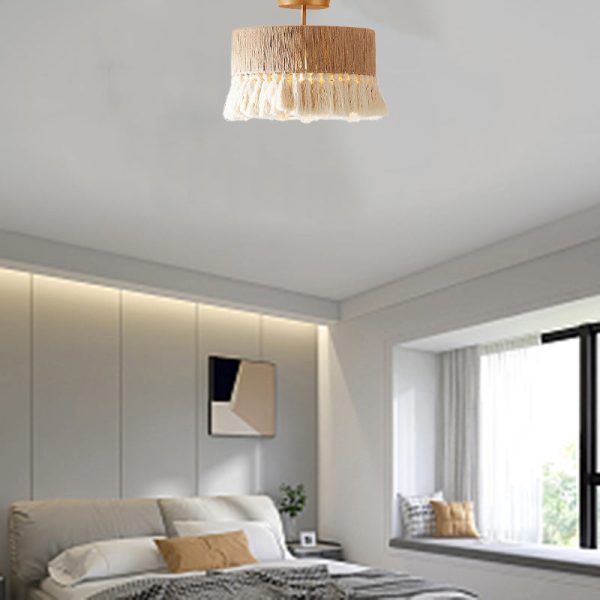 Contemporary Boho Tassel Cylinder Round Hemp Rope Cotton Embryo Yarn 1- Light Semi-Flush Mount Ceiling Light For Bedroom - Image 2