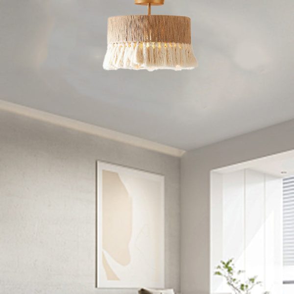 Contemporary Boho Tassel Cylinder Round Hemp Rope Cotton Embryo Yarn 1- Light Semi-Flush Mount Ceiling Light For Bedroom - Image 3