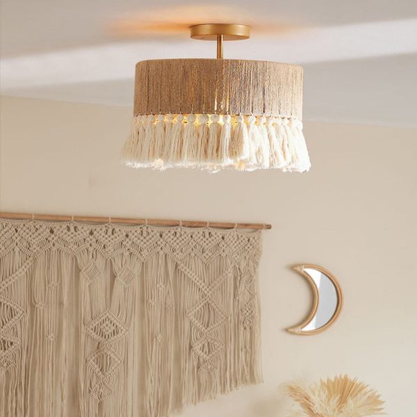 Contemporary Boho Tassel Cylinder Round Hemp Rope Cotton Embryo Yarn 1- Light Semi-Flush Mount Ceiling Light For Bedroom - Image 6