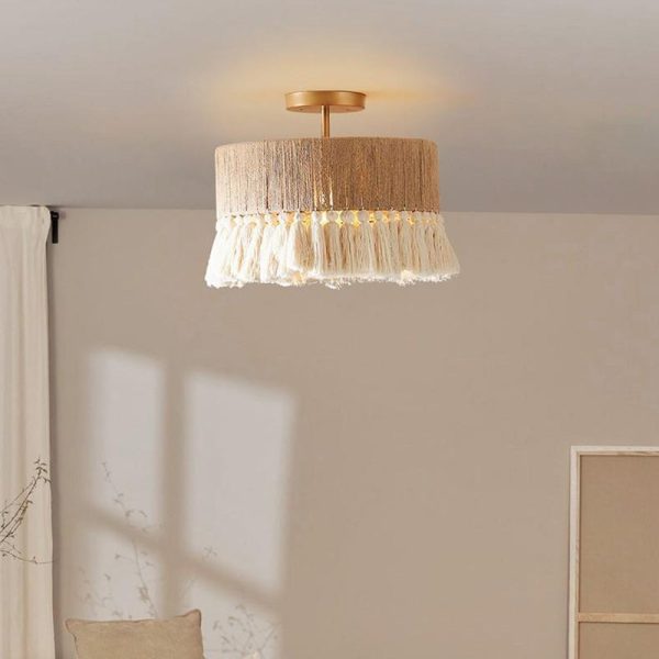 Contemporary Boho Tassel Cylinder Round Hemp Rope Cotton Embryo Yarn 1- Light Semi-Flush Mount Ceiling Light For Bedroom - Image 7