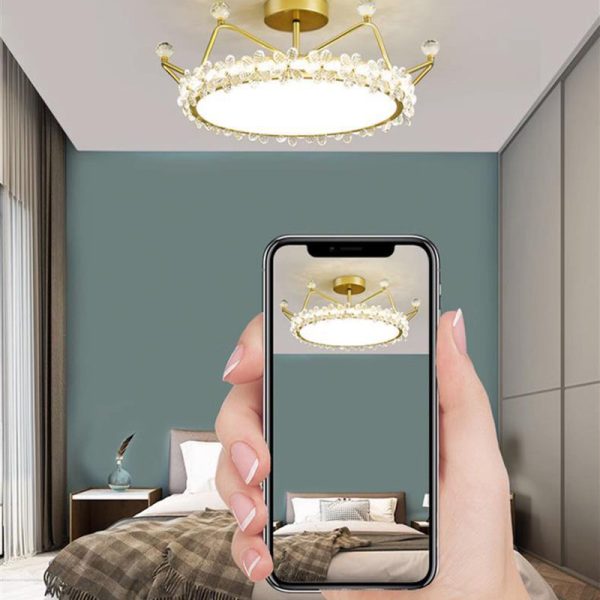 Contemporary Creative Kids Romantic Flower Crown Round Iron Acrylic Crystal LED Semi-Flush Mount Ceiling Light For Bedroom - Image 12