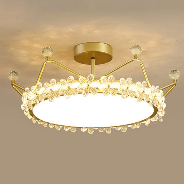 Contemporary Creative Kids Romantic Flower Crown Round Iron Acrylic Crystal LED Semi-Flush Mount Ceiling Light For Bedroom - Image 10
