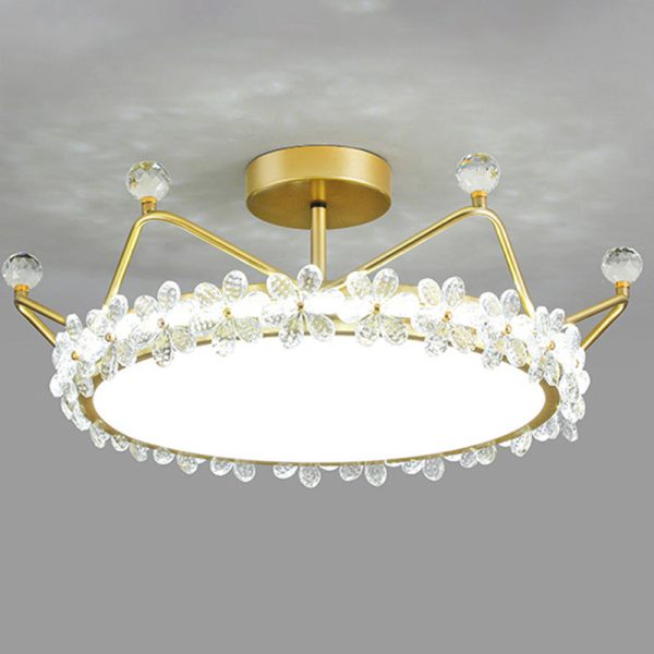 Contemporary Creative Kids Romantic Flower Crown Round Iron Acrylic Crystal LED Semi-Flush Mount Ceiling Light For Bedroom - Image 9