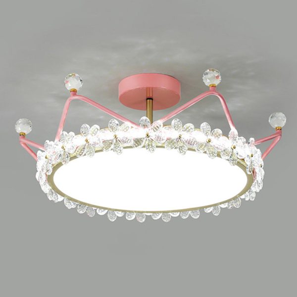 Contemporary Creative Kids Romantic Flower Crown Round Iron Acrylic Crystal LED Semi-Flush Mount Ceiling Light For Bedroom - Image 8