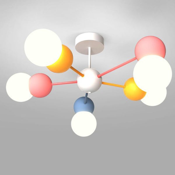 Contemporary Creative Macaron Kids Round Orb Iron Glass Aluminum LED Semi-Flush Mount Ceiling Light For Bedroom - Image 14