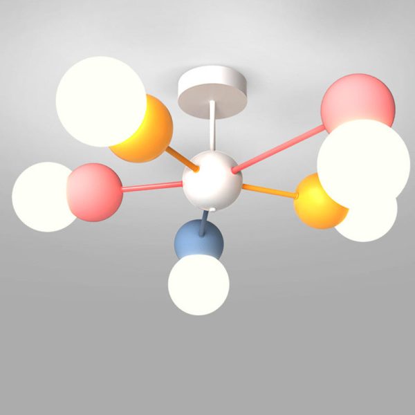 Contemporary Creative Macaron Kids Round Orb Iron Glass Aluminum LED Semi-Flush Mount Ceiling Light For Bedroom - Image 15