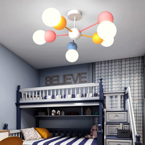 Contemporary Creative Macaron Kids Round Orb Iron Glass Aluminum LED Semi-Flush Mount Ceiling Light For Bedroom - Image 23