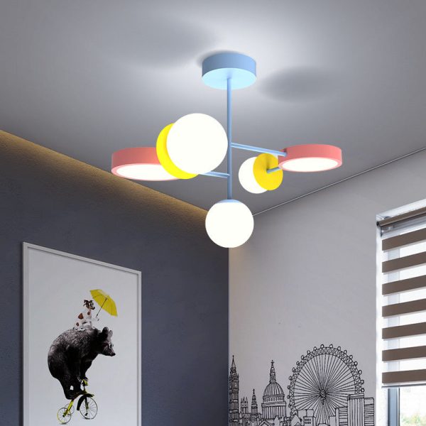 Contemporary Creative Macaron Kids Round Orb Iron Glass Aluminum LED Semi-Flush Mount Ceiling Light For Bedroom - Image 2