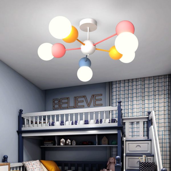 Contemporary Creative Macaron Kids Round Orb Iron Glass Aluminum LED Semi-Flush Mount Ceiling Light For Bedroom - Image 13