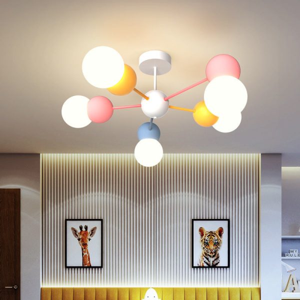 Contemporary Creative Macaron Kids Round Orb Iron Glass Aluminum LED Semi-Flush Mount Ceiling Light For Bedroom - Image 3