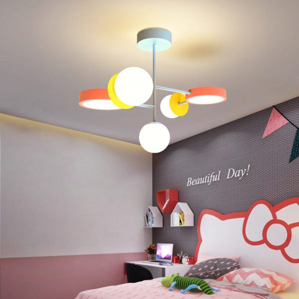 Contemporary Creative Macaron Kids Round Orb Iron Glass Aluminum LED Semi-Flush Mount Ceiling Light For Bedroom - Image 18