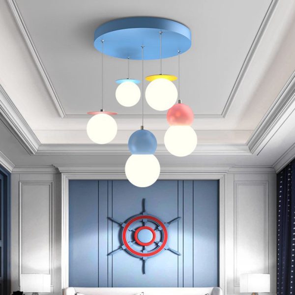 Contemporary Creative Macaron Kids Round Orb Iron Glass Aluminum LED Semi-Flush Mount Ceiling Light For Bedroom - Image 21