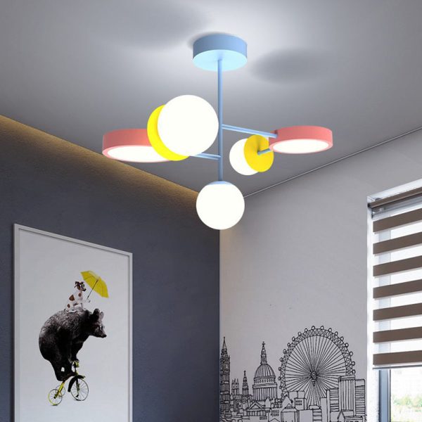 Contemporary Creative Macaron Kids Round Orb Iron Glass Aluminum LED Semi-Flush Mount Ceiling Light For Bedroom - Image 22