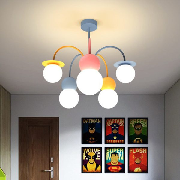 Contemporary Creative Macaron Kids Round Orb Iron Glass Aluminum LED Semi-Flush Mount Ceiling Light For Bedroom - Image 19