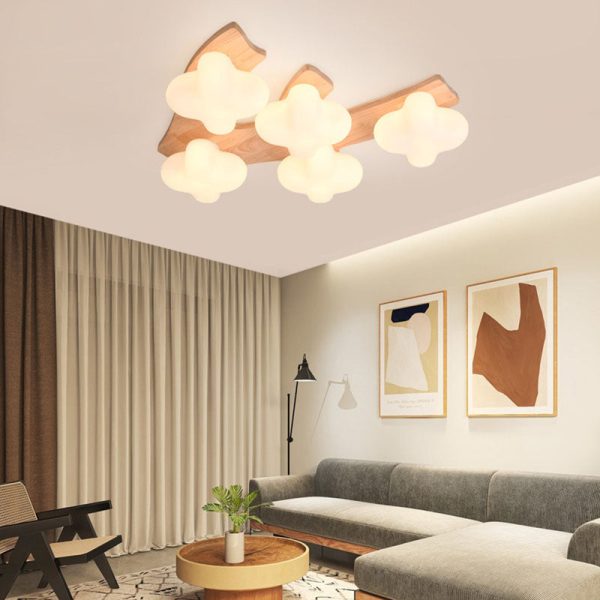 Contemporary Creative Cotton Solid Wood Glass LED Semi-Flush Mount Ceiling Light For Living Room - Image 8