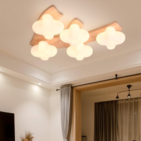 Contemporary Creative Cotton Solid Wood Glass LED Semi-Flush Mount Ceiling Light For Living Room - Image 3