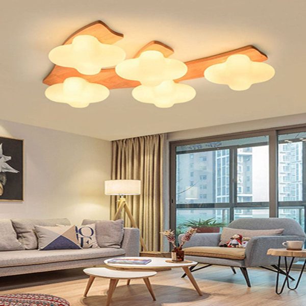 Contemporary Creative Cotton Solid Wood Glass LED Semi-Flush Mount Ceiling Light For Living Room - Image 9