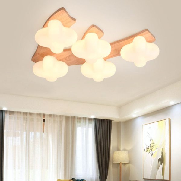 Contemporary Creative Cotton Solid Wood Glass LED Semi-Flush Mount Ceiling Light For Living Room - Image 2