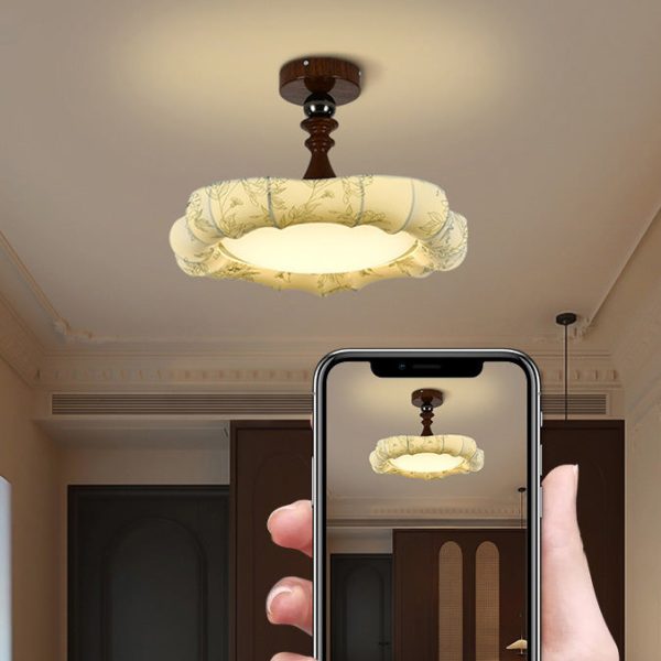 Traditional French Floral Fabric Shade Iron LED Dimmable Semi-Flush Mount Ceiling Light For Bedroom - Image 10
