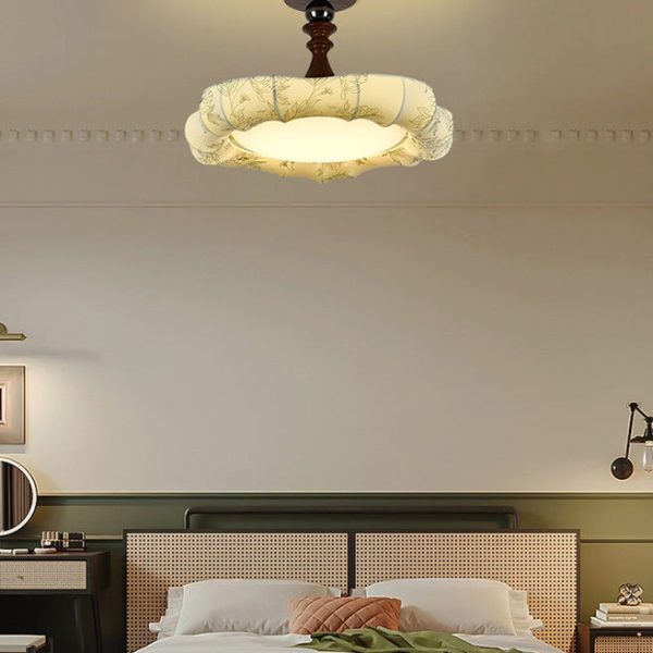 Traditional French Floral Fabric Shade Iron LED Dimmable Semi-Flush Mount Ceiling Light For Bedroom - Image 7