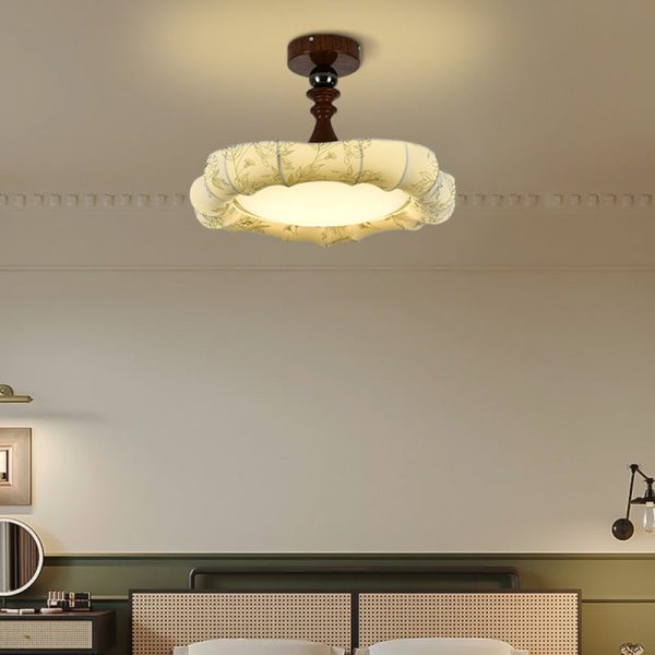 Traditional French Floral Fabric Shade Iron LED Dimmable Semi-Flush Mount Ceiling Light For Bedroom - Image 2
