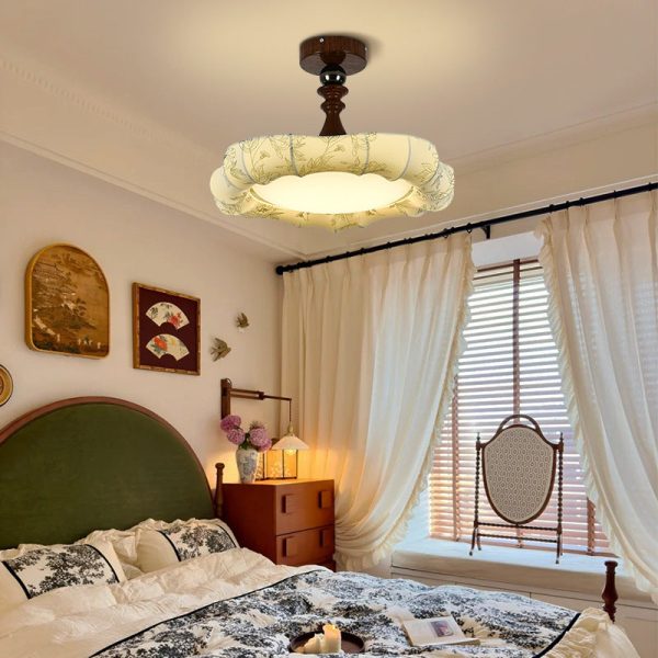Traditional French Floral Fabric Shade Iron LED Dimmable Semi-Flush Mount Ceiling Light For Bedroom - Image 8