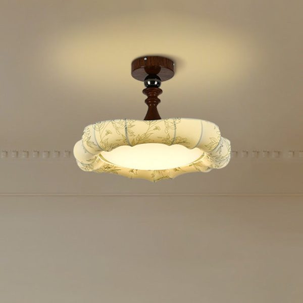 Traditional French Floral Fabric Shade Iron LED Dimmable Semi-Flush Mount Ceiling Light For Bedroom - Image 4