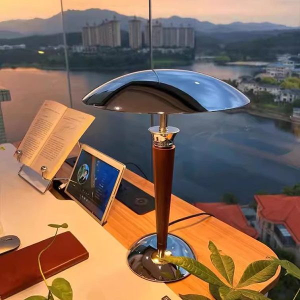 Traditional Japanese Mushroom Round Shade Iron Solid Wood 2-Light Table Lamp For Bedroom