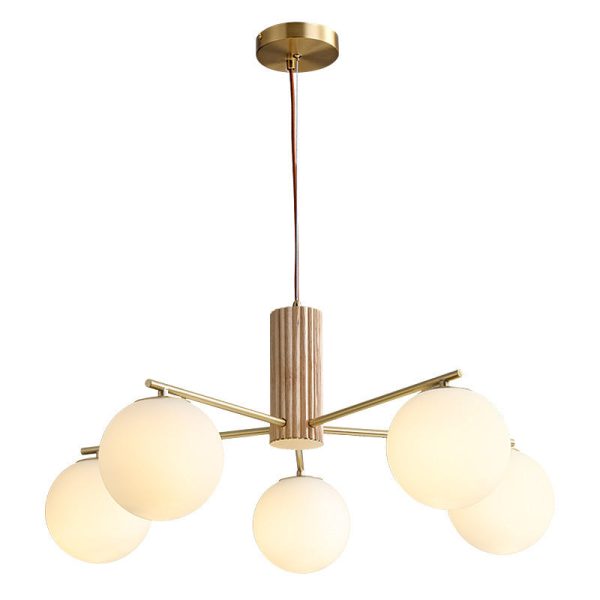 Traditional Japanese Globe Full Brass Walnut Wood Glass 3-Light Chandelier For Living Room - Image 5