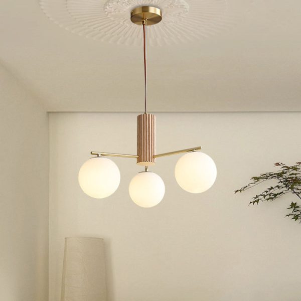 Traditional Japanese Globe Full Brass Walnut Wood Glass 3-Light Chandelier For Living Room - Image 3
