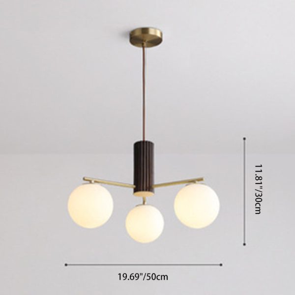 Traditional Japanese Globe Full Brass Walnut Wood Glass 3-Light Chandelier For Living Room - Image 4
