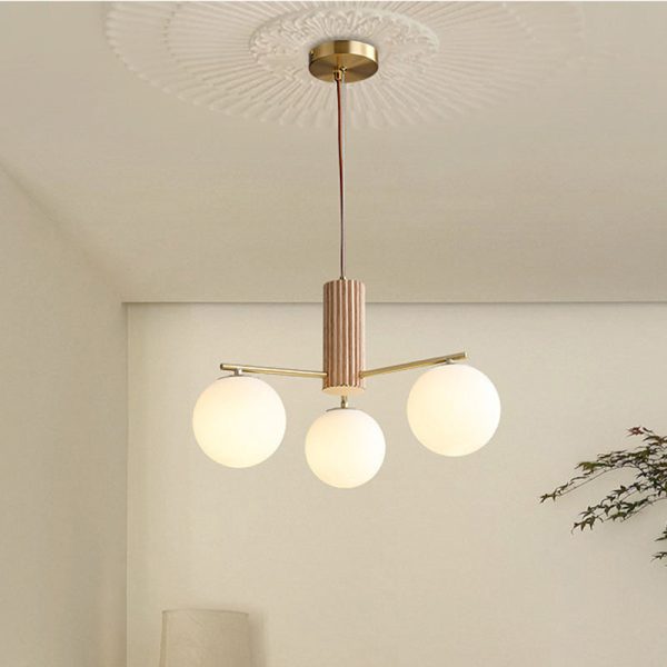 Traditional Japanese Globe Full Brass Walnut Wood Glass 3-Light Chandelier For Living Room - Image 2