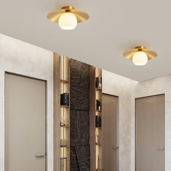 Contemporary Scandinavian Spherical Glass Shade Semi-Flush Mount Ceiling Light With Solid Brass Base 1-Light For Bedroom - Image 2