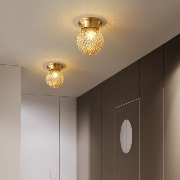 Modern Luxury Globe Glass Shade Brass Base 1-Light Semi-Flush Mount Ceiling Light For Hallway - Image 7