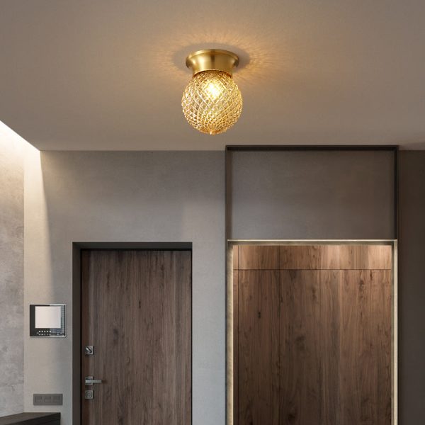 Modern Luxury Globe Glass Shade Brass Base 1-Light Semi-Flush Mount Ceiling Light For Hallway - Image 8