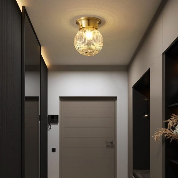 Modern Luxury Globe Glass Shade Brass Base 1-Light Semi-Flush Mount Ceiling Light For Hallway - Image 3