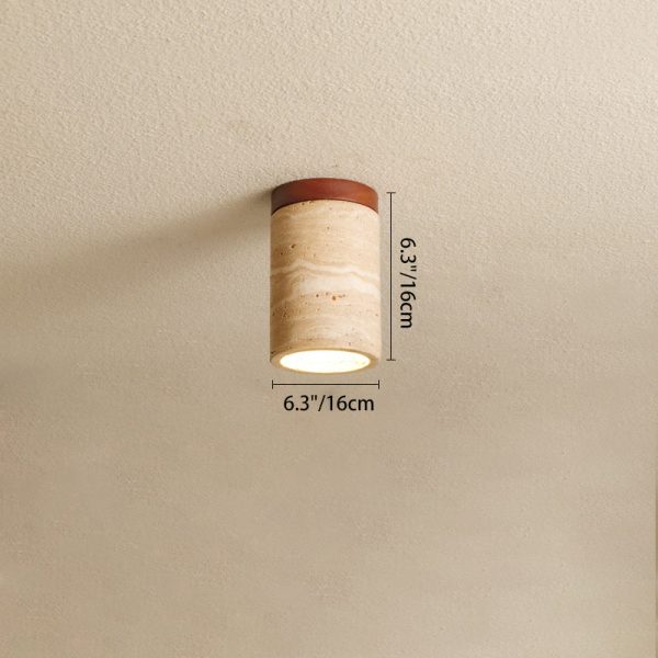 Traditional Japanese Wabi-Sabi Cylinder Yellow Travertine Solid Wood 1-Light Semi-Flush Mount Ceiling Light For Bedroom - Image 4