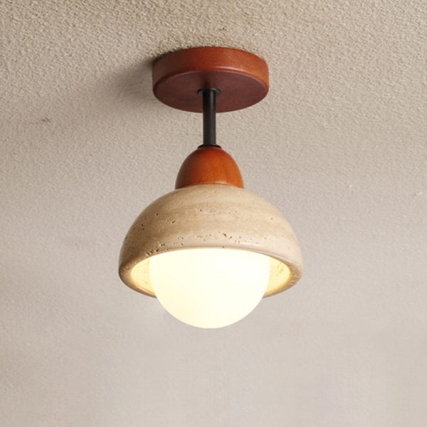 Traditional Japanese Wabi-Sabi Cylinder Yellow Travertine Solid Wood 1-Light Semi-Flush Mount Ceiling Light For Bedroom - Image 12