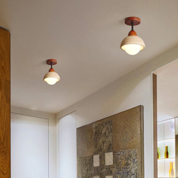 Traditional Japanese Wabi-Sabi Cylinder Yellow Travertine Solid Wood 1-Light Semi-Flush Mount Ceiling Light For Bedroom - Image 3