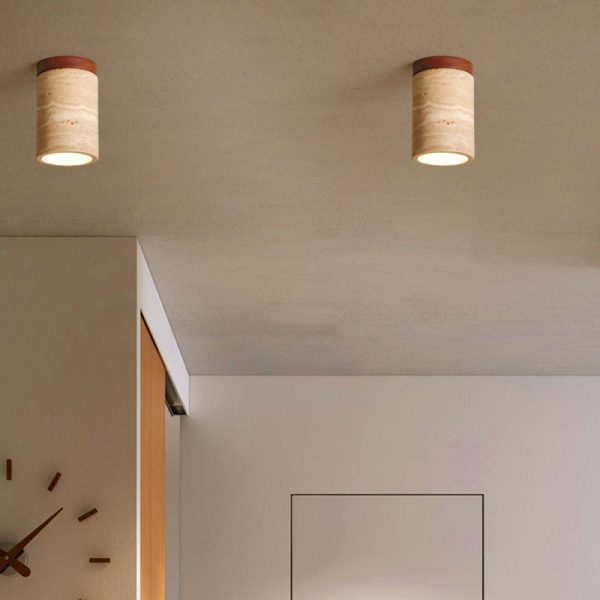 Traditional Japanese Wabi-Sabi Cylinder Yellow Travertine Solid Wood 1-Light Semi-Flush Mount Ceiling Light For Bedroom - Image 2