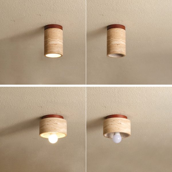 Traditional Japanese Wabi-Sabi Cylinder Yellow Travertine Solid Wood 1-Light Semi-Flush Mount Ceiling Light For Bedroom - Image 11
